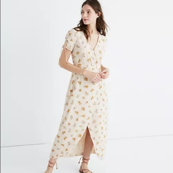 Madewell Dresses & Skirts - NWT Madewell Silk Floral Faux Wrap Midi Dress Size 2 Cream Golden Yellow